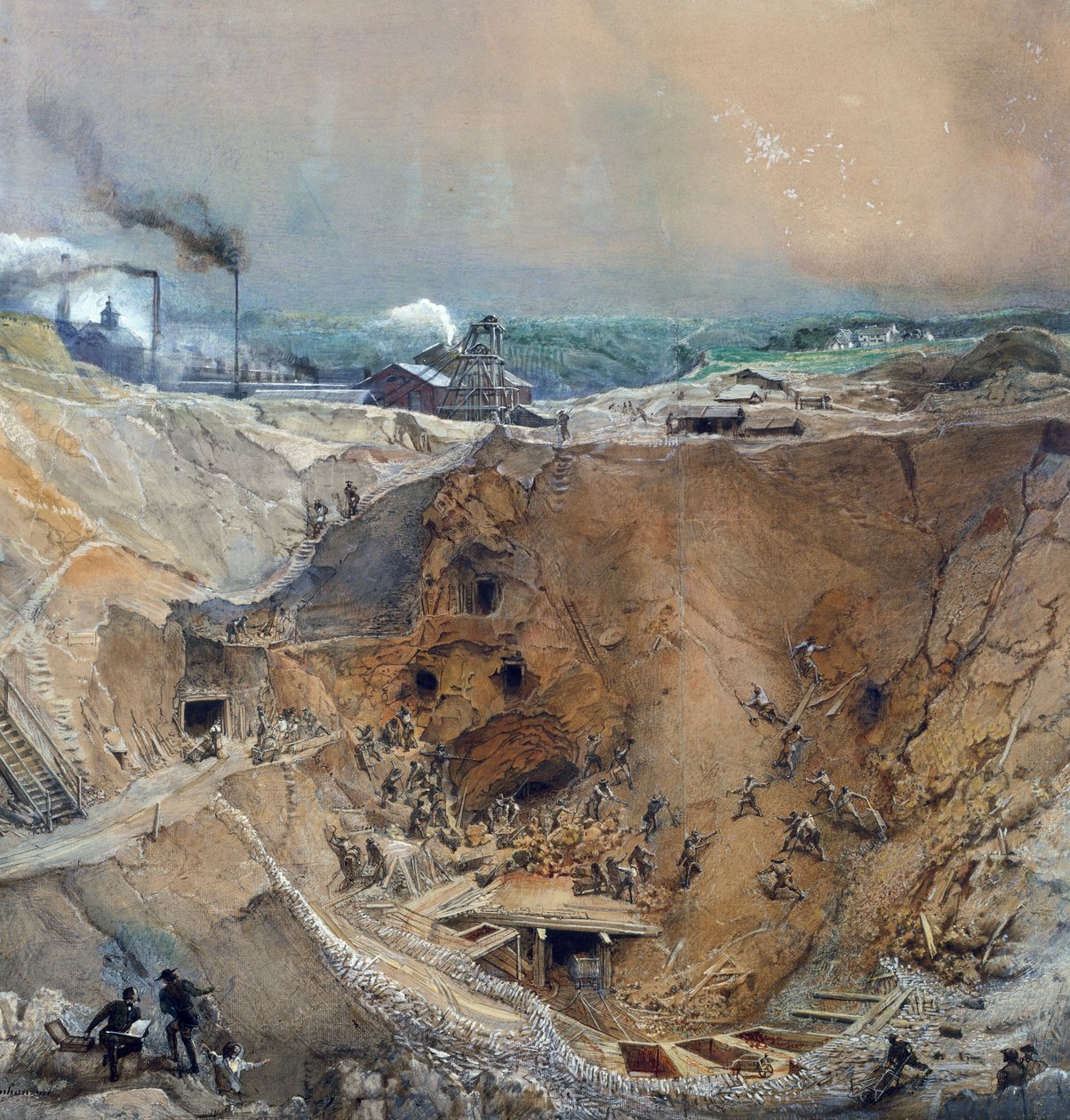 Mineração a céu aberto em Old Mountain, Saône et Loire, c.1854 de Ignace Francois Bonhomme