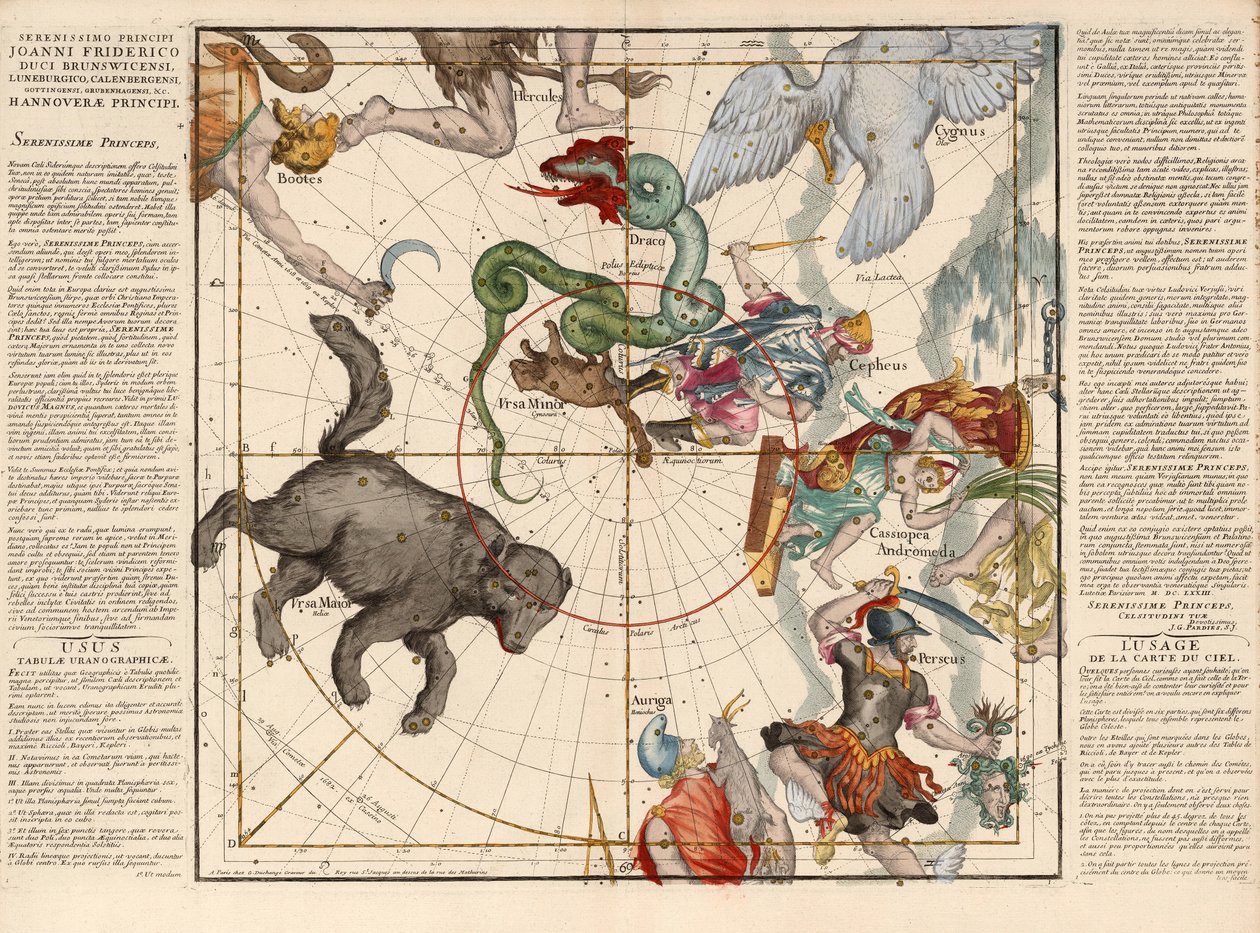 North Pole placa 1 do aviões globo placa celestes durante a descrição, Pub. 1674 (gravura colorida mão) de Ignace Gaston Pardies