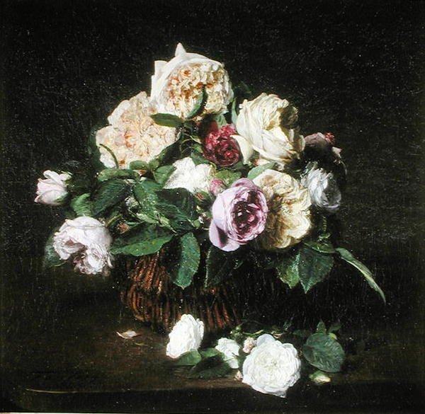 Rosas numa cesta sobre uma mesa de Ignace Henri Jean Fantin Latour