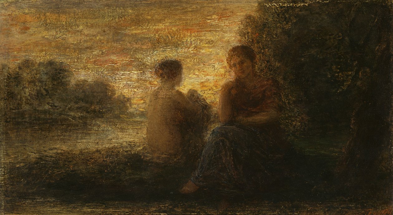 Duas mulheres sentadas perto de um lago (óleo sobre tela) de Ignace Henri Jean Fantin Latour