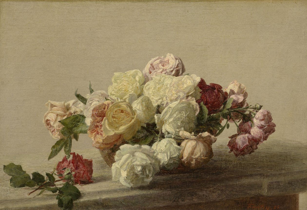 Bacia de rosas em uma mesa de mármore, 1885 de Ignace Henri Jean Fantin Latour