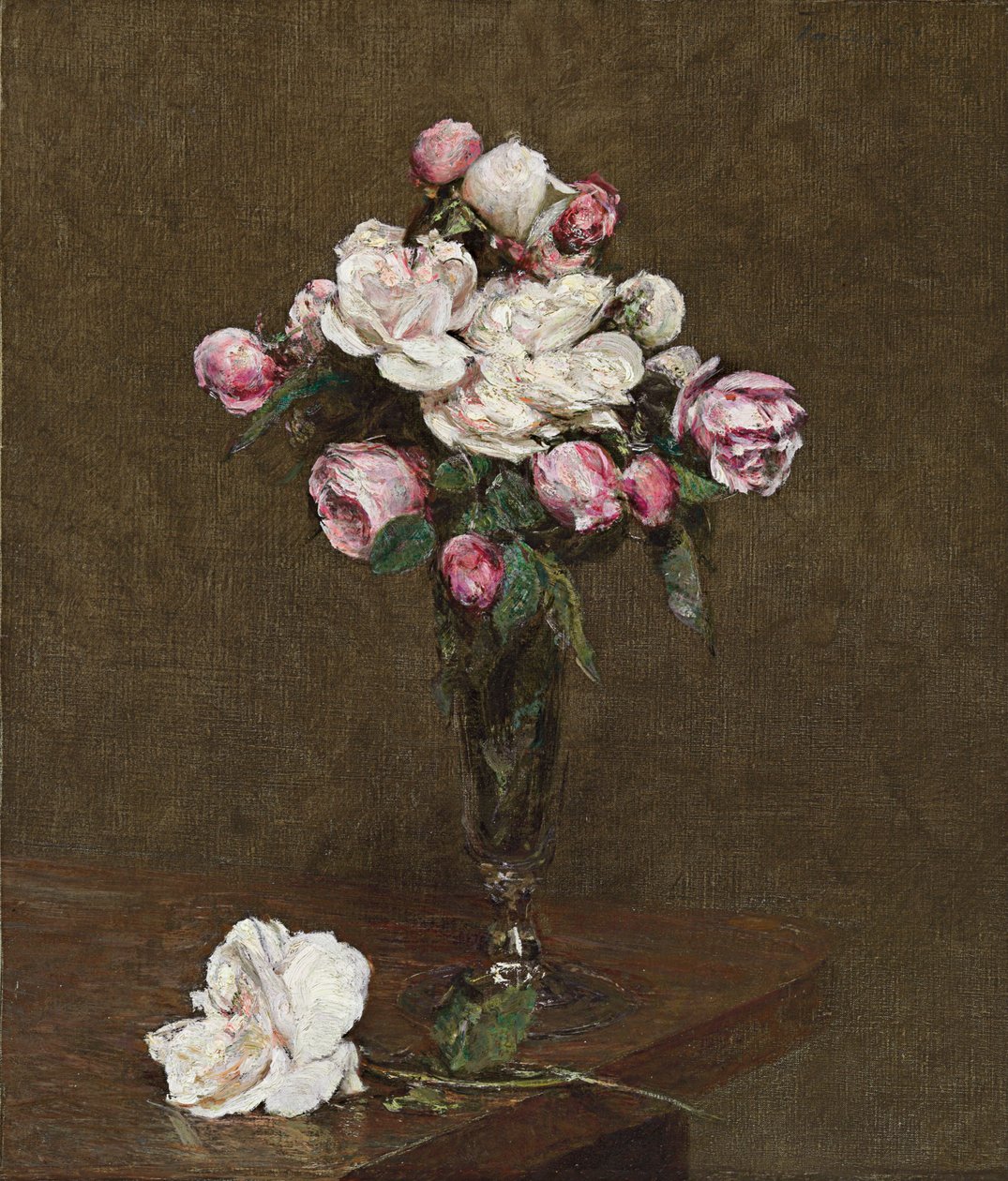 Rosas cor de rosa e brancas em uma flauta de champagne, 1874 de Ignace Henri Jean Fantin Latour