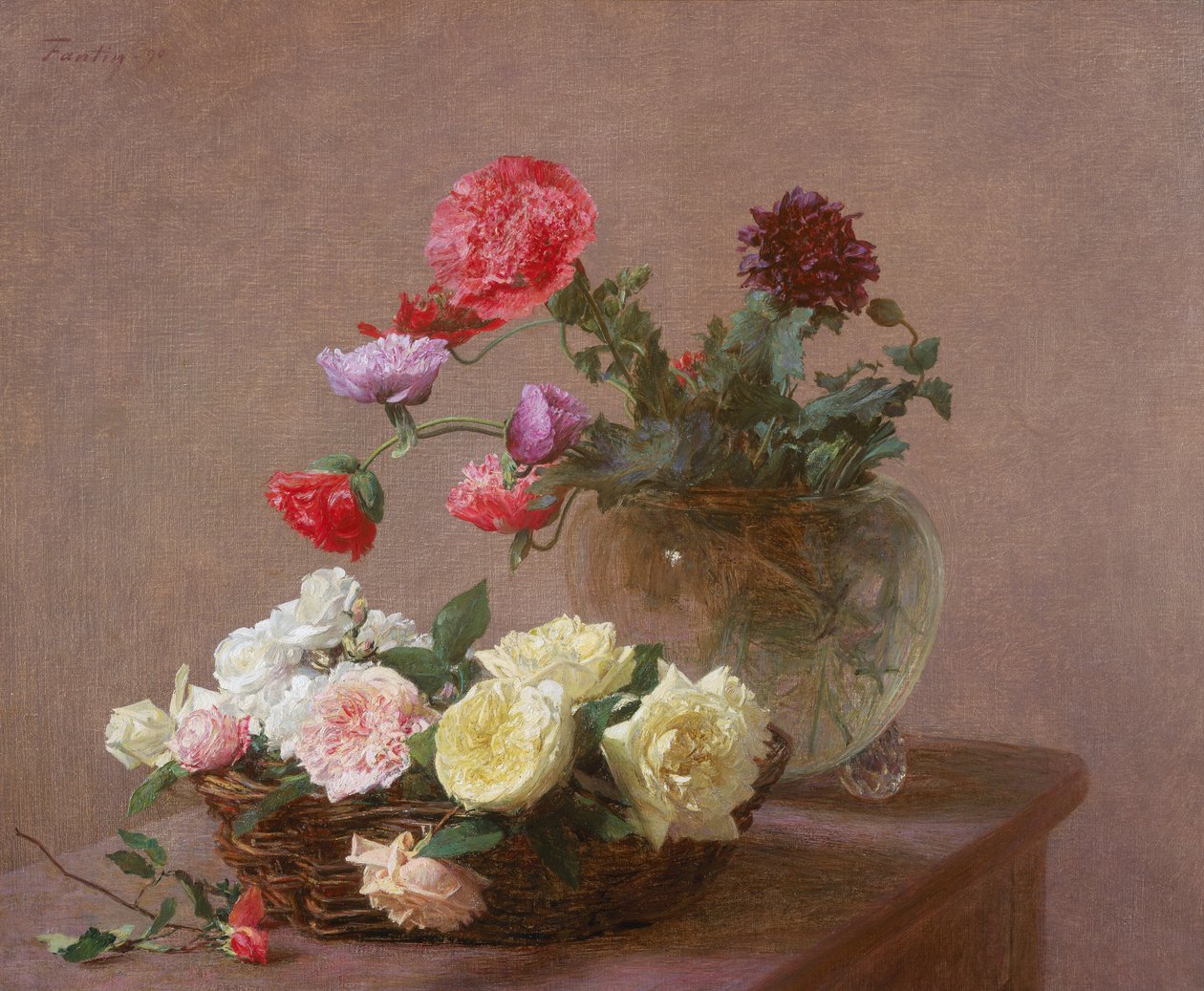 Papoulas em um vaso de cristal ou cesta de rosas, 1890 de Ignace Henri Jean Fantin Latour