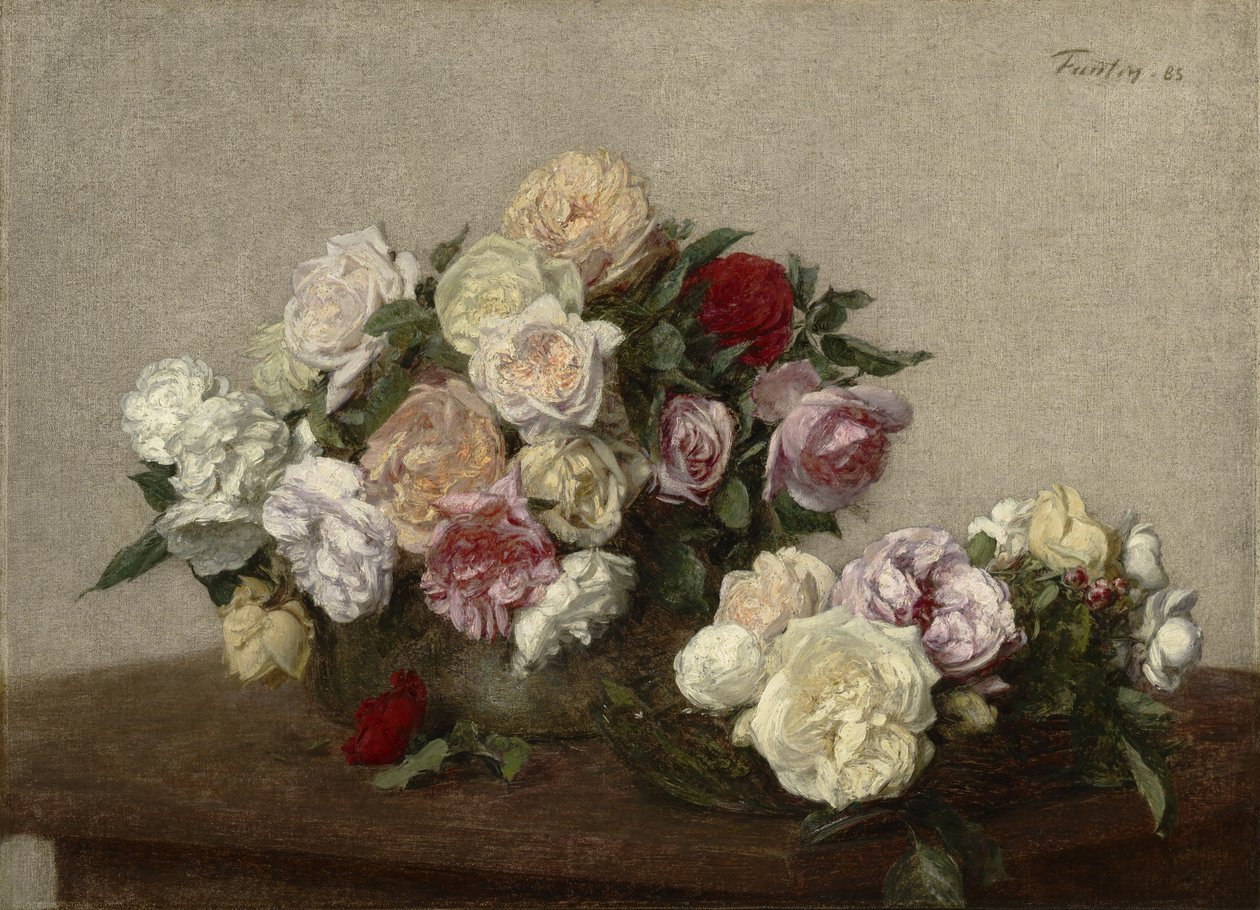 Rosas em uma tigela e prato, 1885 de Ignace Henri Jean Fantin Latour