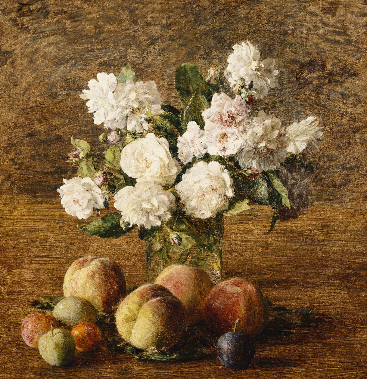 Ainda vida: rosas e frutas; Natureza Morte: Rosas e Frutos, 1878 de Ignace Henri Jean Fantin Latour