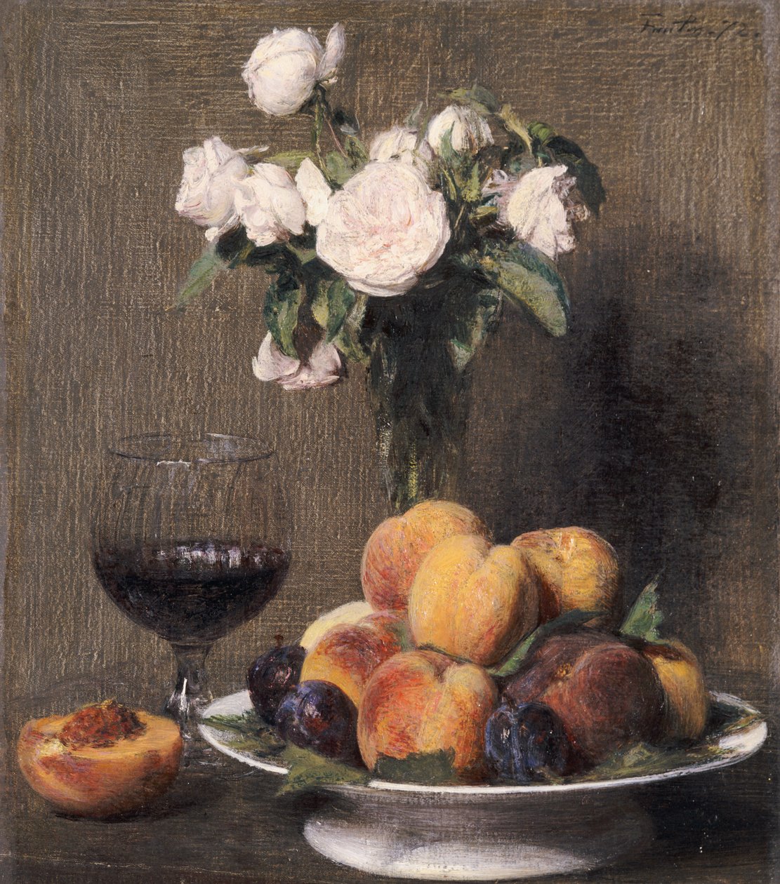 Natureza morta com rosas, frutas e um copo de vinho, 1872 de Ignace Henri Jean Fantin Latour