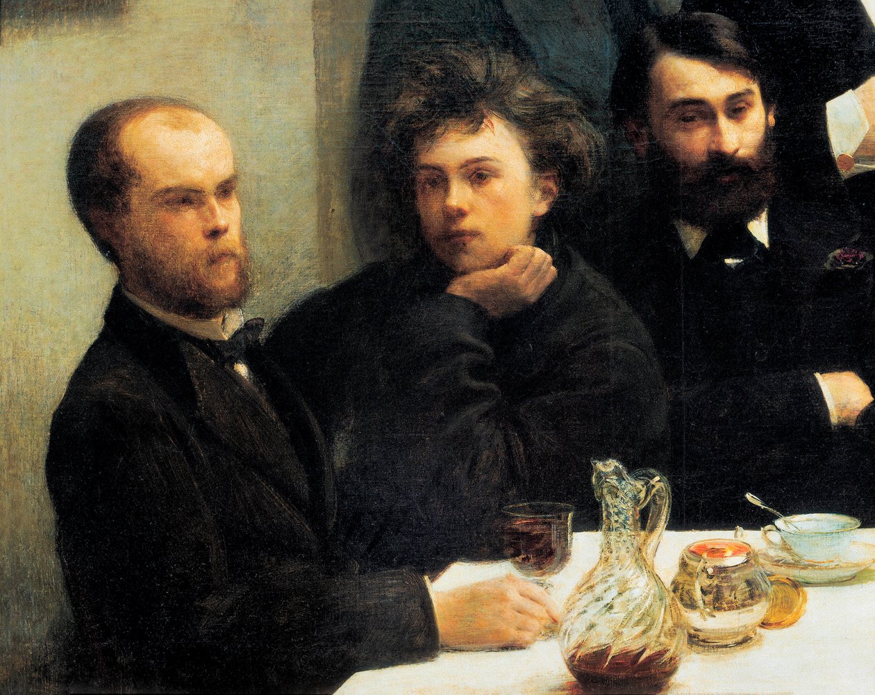 Canto da mesa: da esquerda para a direita: Paul Verlaine, Arthur Rimbaud, Elzear Bonnier. (Pintura, século XIX) de Ignace Henri Jean Fantin Latour