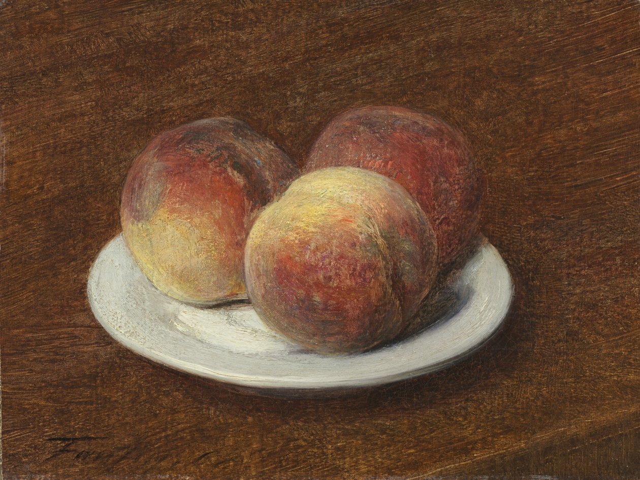 Três pêssegos em uma placa, 1868 (óleo no papel na lona) de Ignace Henri Jean Fantin Latour
