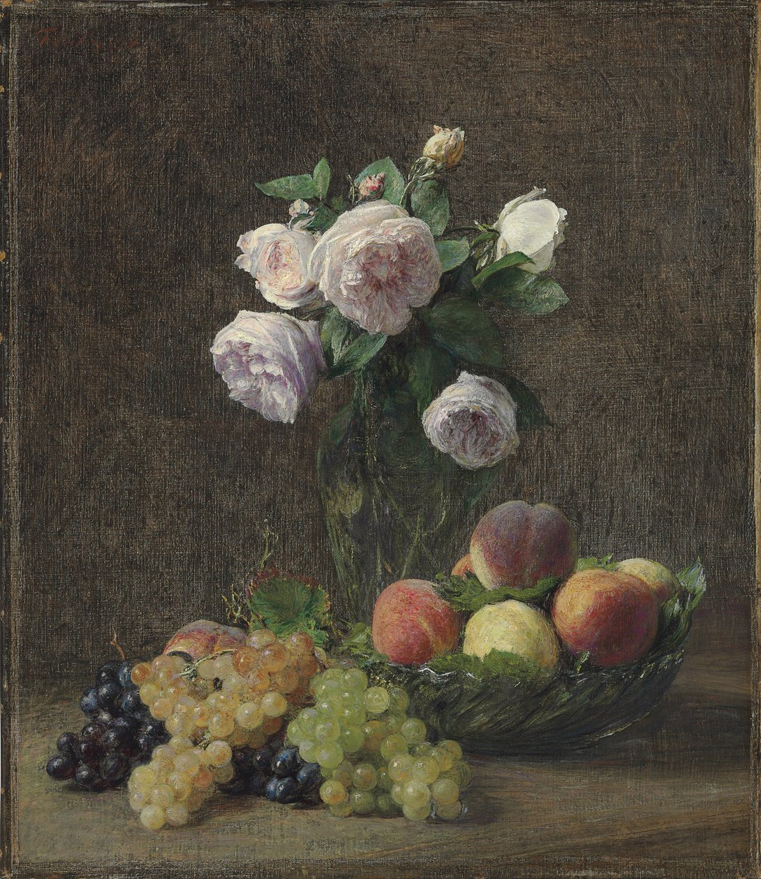 Vaso de rosas, pêssegos e uvas, 1894 de Ignace Henri Jean Fantin Latour