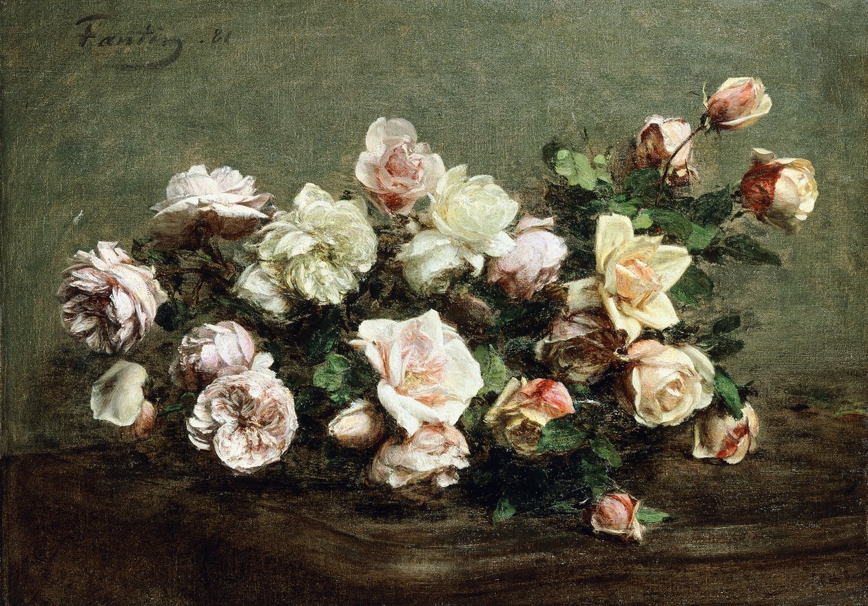 Vaso de rosas brancas em uma mesa; Vaso de rosas brancas e rosas em cima da mesa, de Ignace Henri Jean Fantin Latour