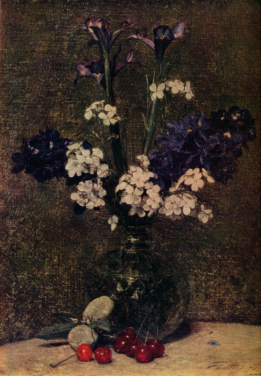 Vaso de flores, com cerejas e amêndoas em cima da mesa, natureza morte, íris, Delphinium híbridos e de Ignace Henri Jean Fantin Latour