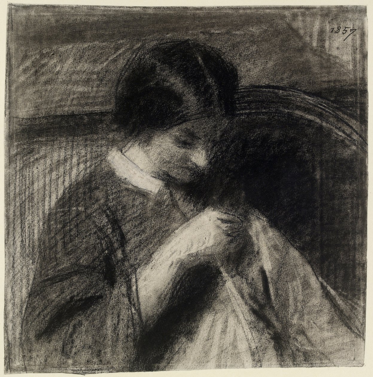 Mulher costura (carvão com stumping & erasures, tocado com giz branco sobre papel branco) de Ignace Henri Jean Fantin Latour