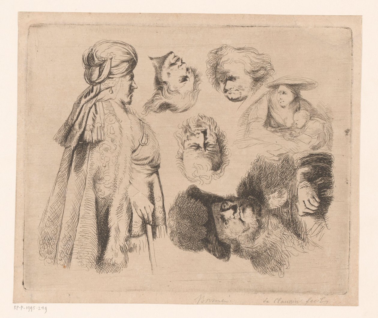 Composição com homem oriental, mulher com criança e quatro cabeças de homens de Ignace Joseph de Claussin (attributed to)