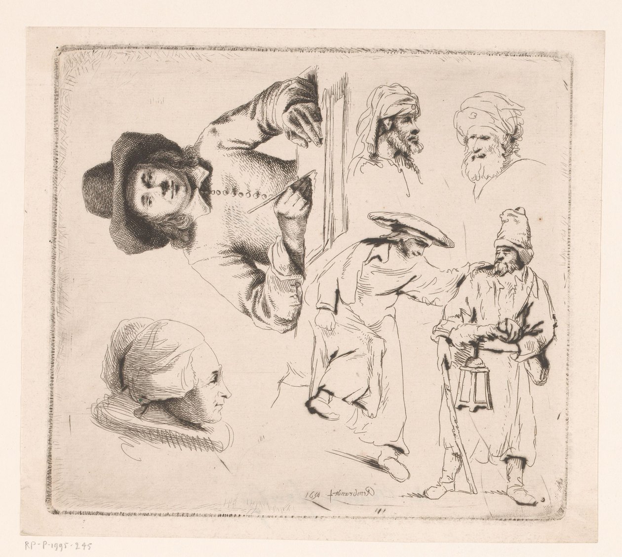 Composição com escrita homem, cabeça de mulher e quatro figuras masculinas de Ignace Joseph de Claussin
