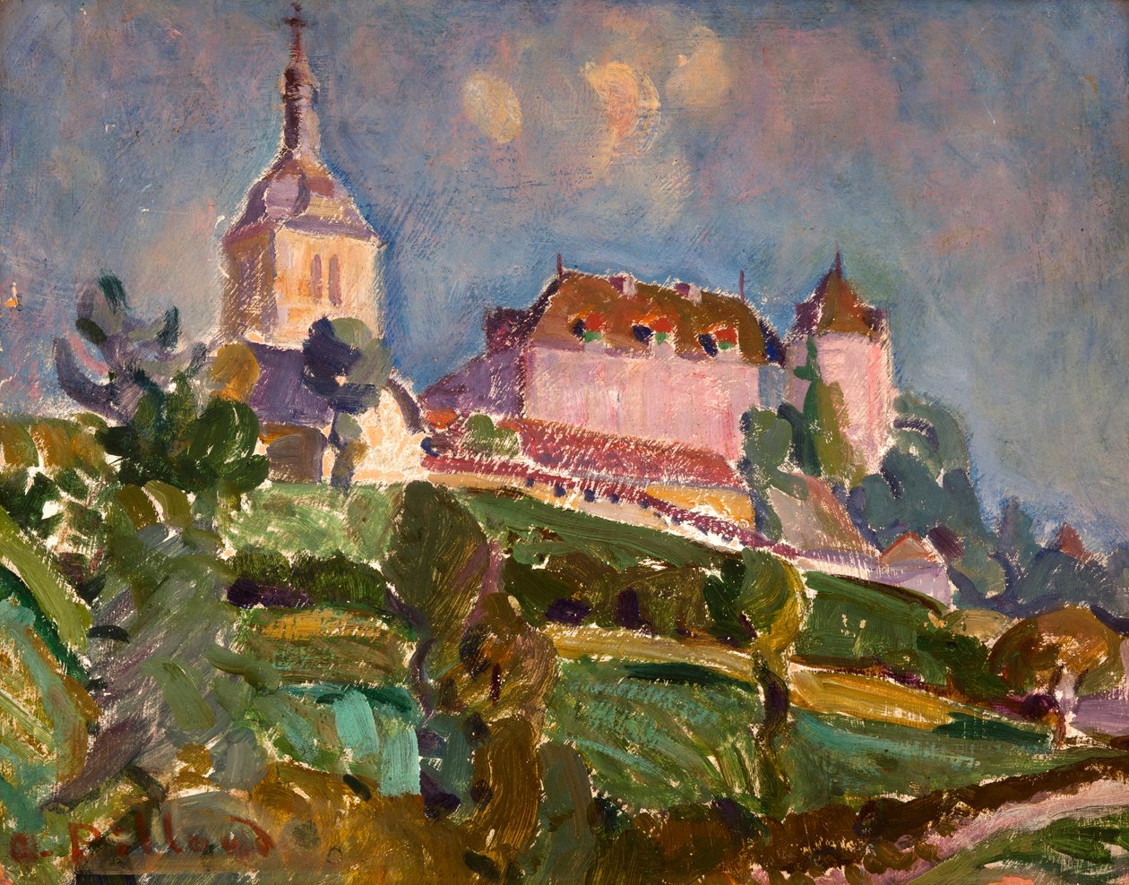 Vista do castelo e da igreja de Gruyères, c.1925-30 (óleo sobre cartão) de Ignace Nazaire Oswald Pilloud