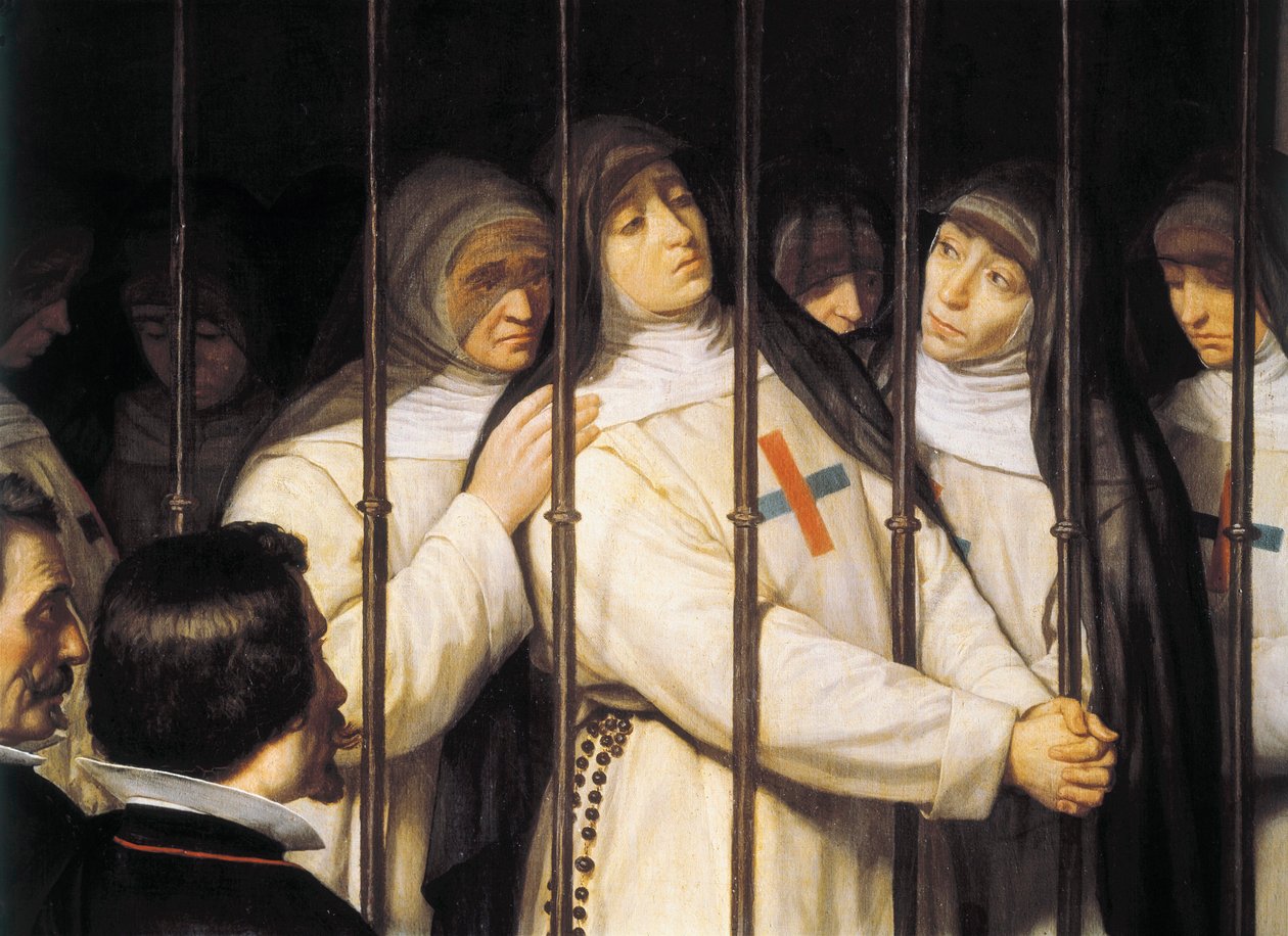 Retrato de Marcela de San Felix (1605-1687), freira, poetisa e atriz, filha de Lope de la Vega, no funeral de seu pai, é apoiada pelas outras irmãs da Ordem de Trinitaries que foram descontinuadas em 1635" Detalhe. Pintura de Ignacio Suarez de Ignacio Suarez Llanos