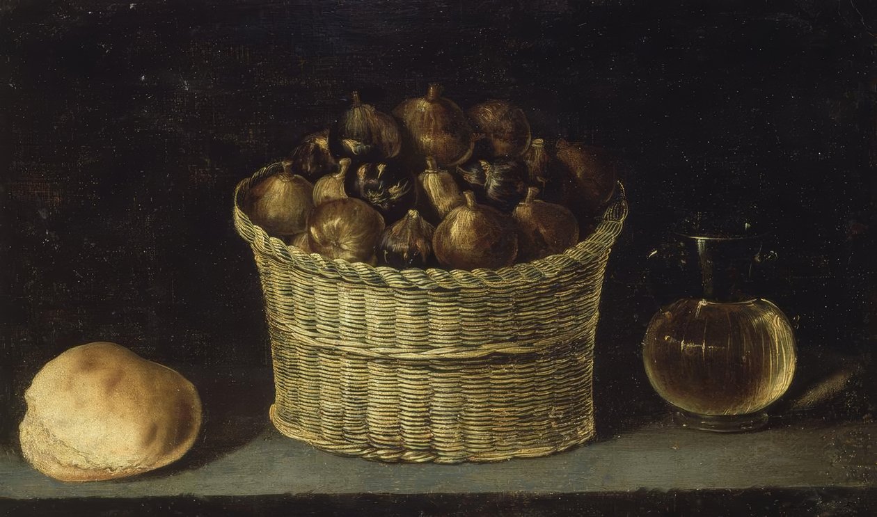 BODEGON (CESTA DE VIME COM FIGOS, PÃO E JARRITA COM MEL) - SÉCULO XX de Ignacio Zuloaga y Zabaleta