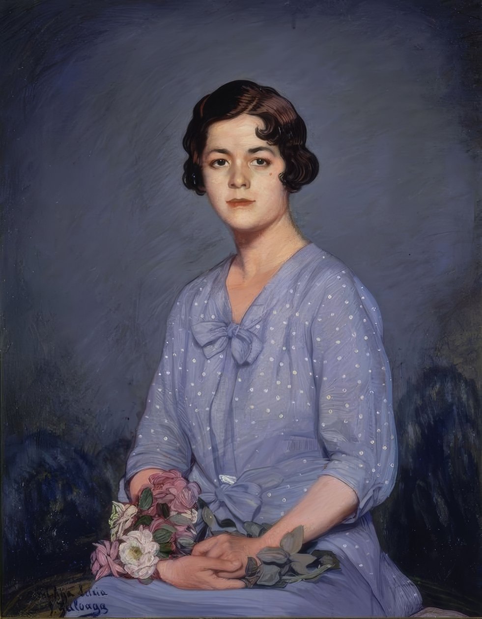 LUCIA - (RETRATO DE JOVENS SENTADOS COM FLORES NA MÃO) - SÉCULO XX de Ignacio Zuloaga y Zabaleta