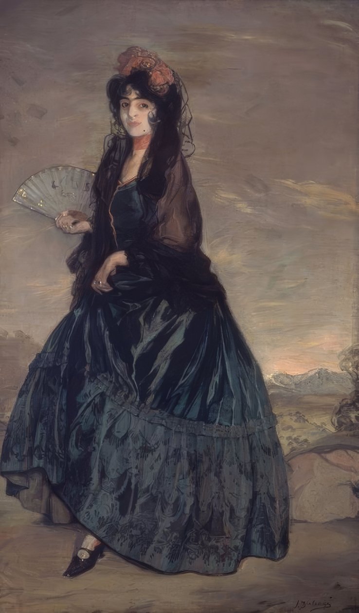 MULHER COM MARTELO, FLORES E VENTILADOR - OLEO LIENZO - 199 × 120,5 CM de Ignacio Zuloaga y Zabaleta