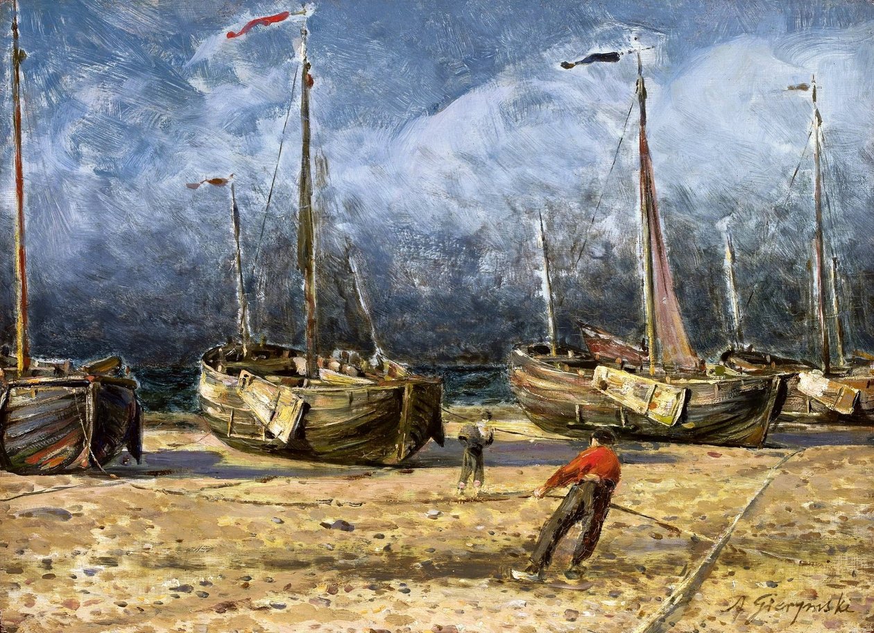 Barcos de pesca na praia. de Ignacy Aleksander Gierymski