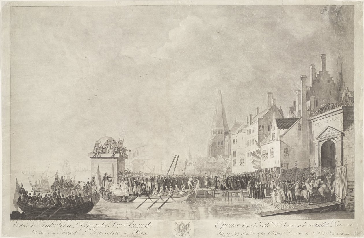 Aankomst van Napoleon en Josephine te Antwerpen, 1803
Entrada de Napoleão O Grande e Sua Esposa de Agosto na Cidade de Antuérpia a 18 de Julho de 1803 (título sobre o objecto) de Ignatius Joseph van den Berghe