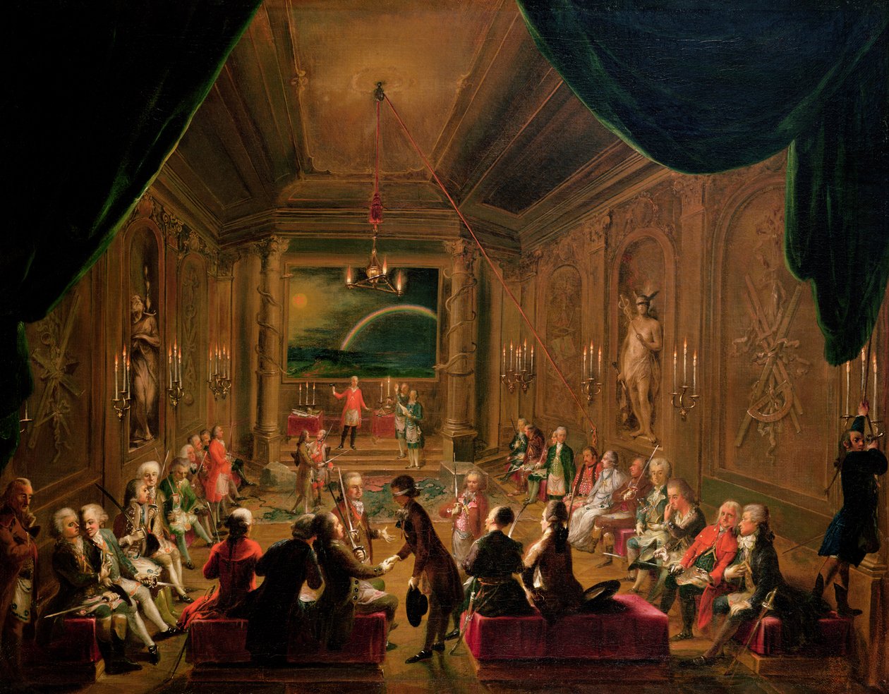 Cerimônia de iniciação em uma Loja Maçônica vienense durante o reinado de José II, com Mozart sentado à extrema esquerda, 1784 de Ignaz Unterberger
