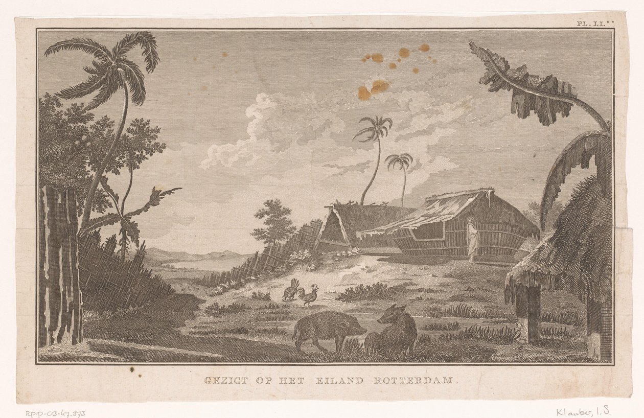 Vista da ilha Nomuka no Oceano Pacífico a partir de terra
Vista da ilha de Roterdão (título sobre o objecto) de Ignaz Sebastian Klauber (possibly)
