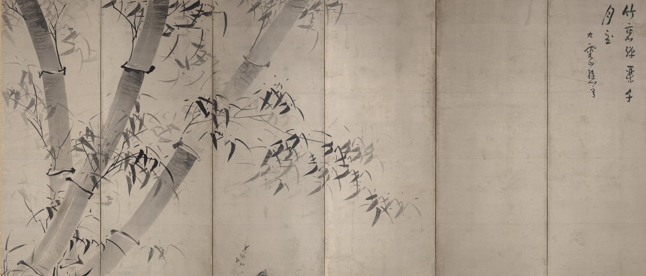 Bambu ao luar, tela dobrável de seis painéis, c.1758–60 (tinta no papel) de Ike no Taiga