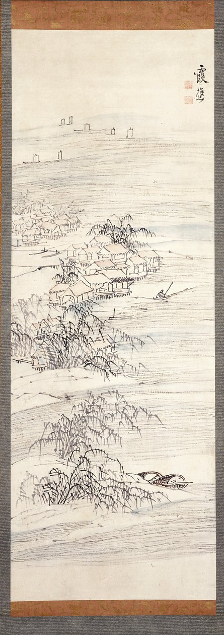 River Village And Fishing Pleasure (cor e tinta sobre papel) de Ike no Taiga