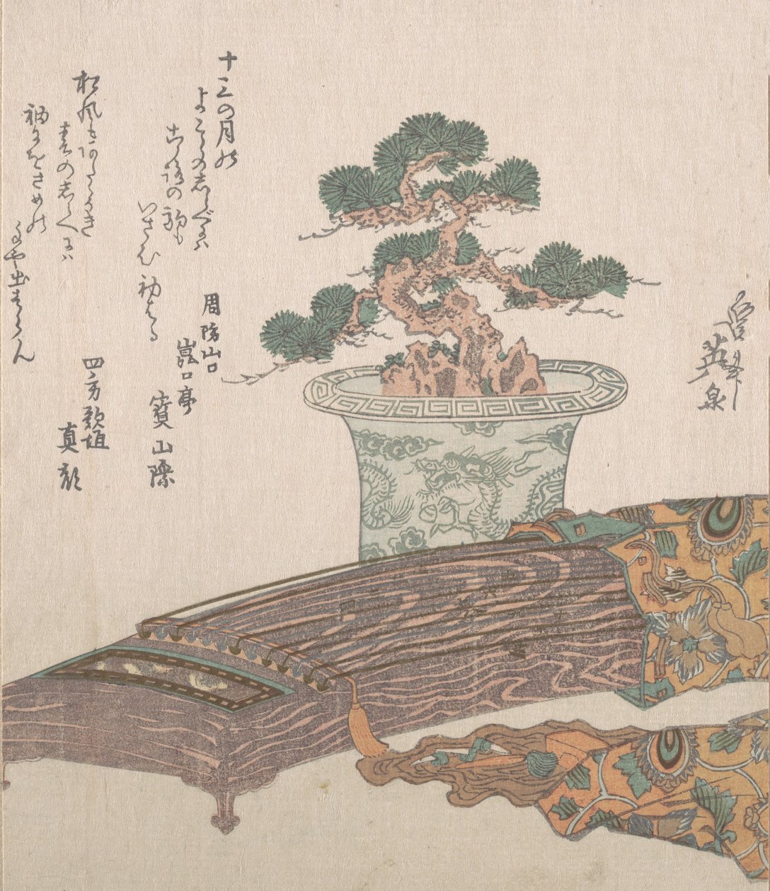Pinheiro em vaso e harpa japonesa Koto, século XIX. de Ikeda Eisen