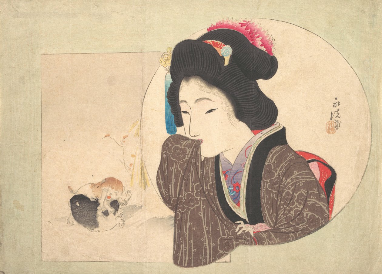 Gravura [mulher e cachorrinhos], início de meados do século XIX. de Ikeda Eisen
