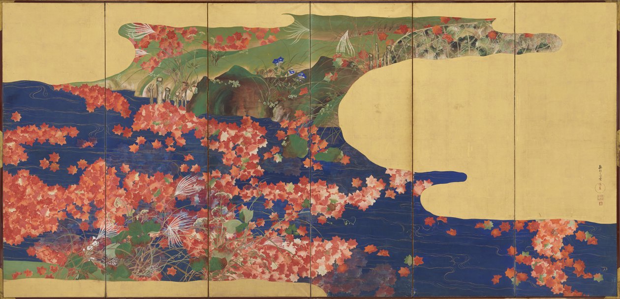 Maple folhas em um córrego, tela de seis painéis, período Edo, 1856-58 (tinta & cor em papel dourado) de Ikeda Koson