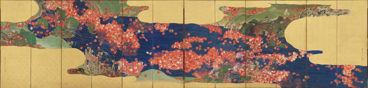 Maple folhas em um córrego, tela de seis painéis, período Edo, 1856-58 (tinta & cor em papel dourado) de Ikeda Koson