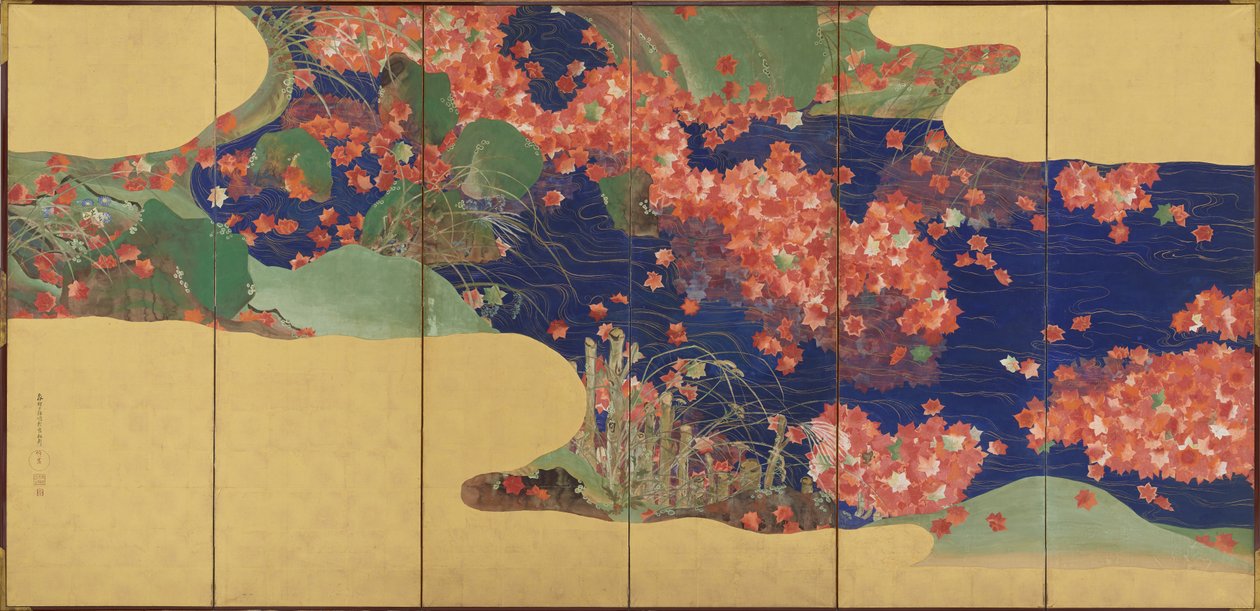 Maple folhas em um córrego, tela de seis painéis, período Edo, 1856-58 de Ikeda Koson