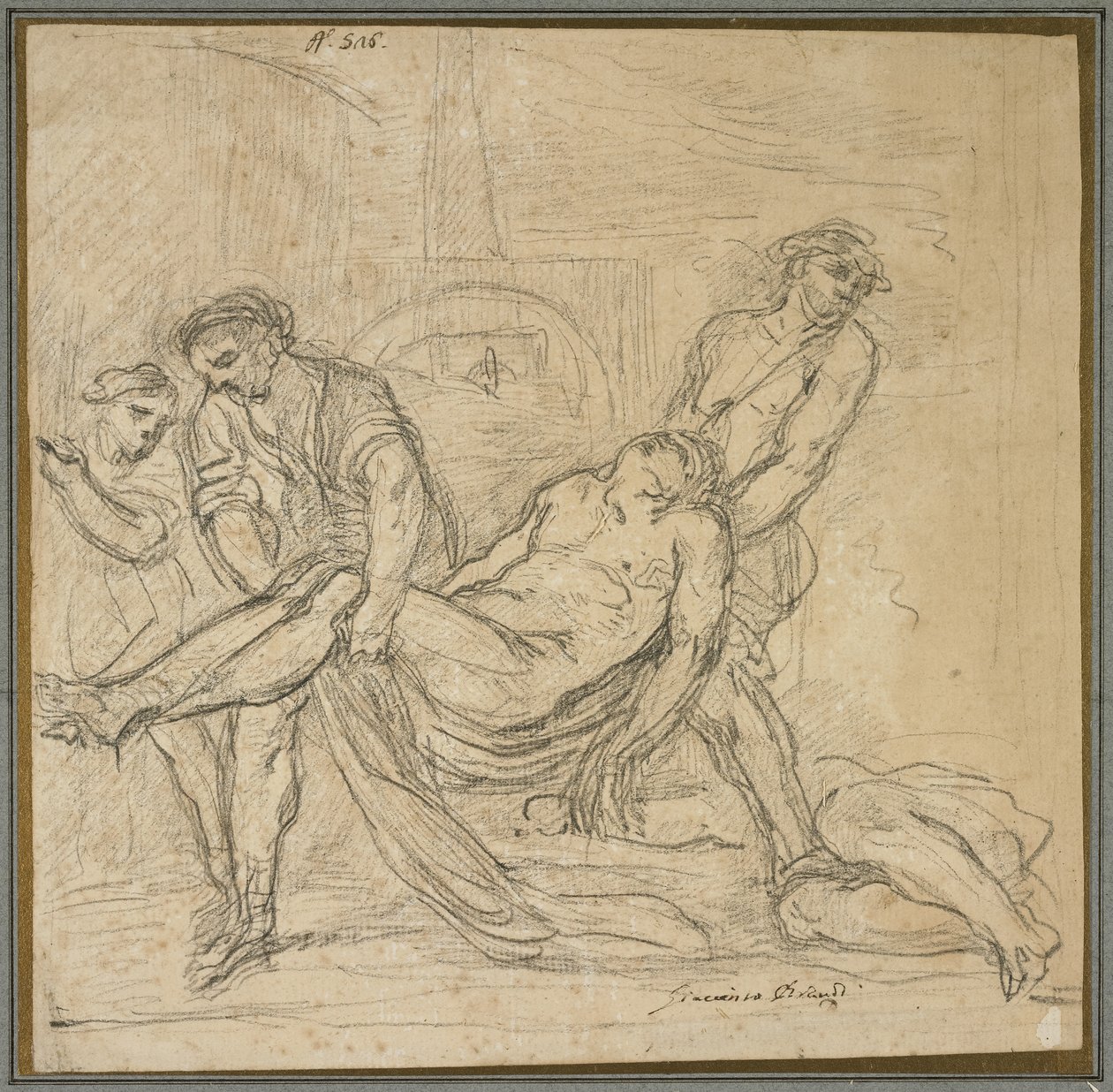 São Abdon e São Sennen Enterram os Mártires Cristãos, c.1653-1657 (giz preto sobre papel) de Il Borgognone