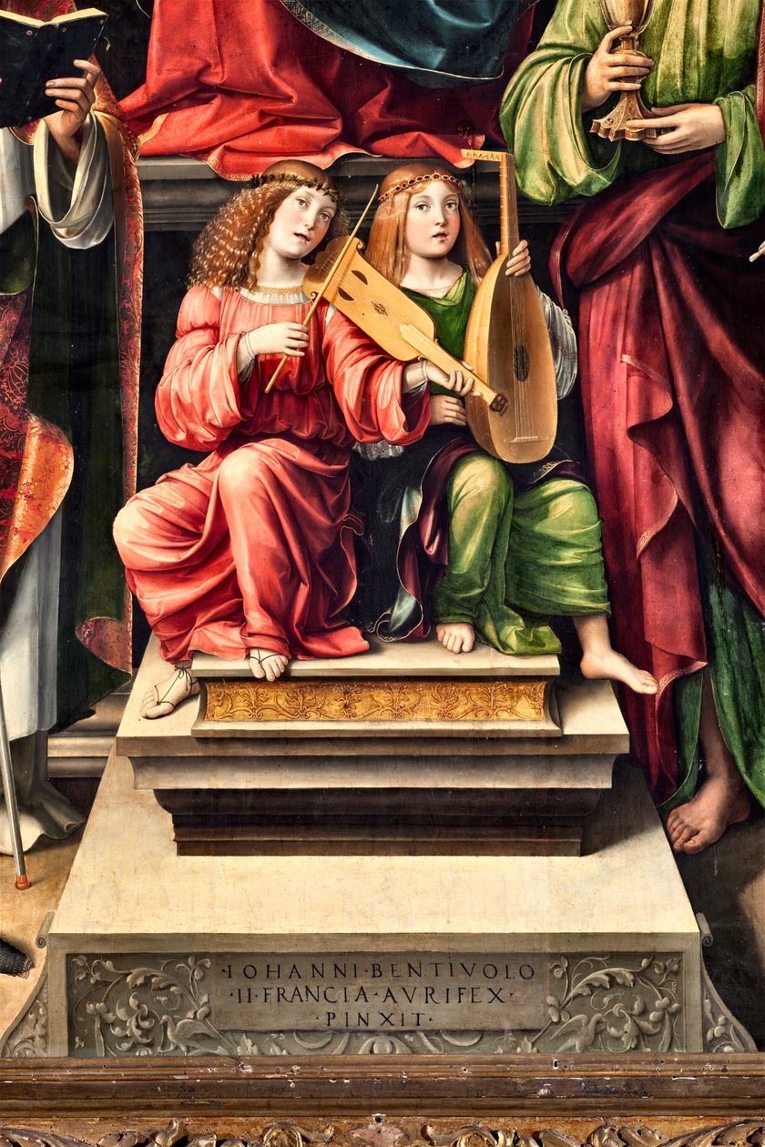 Anjos músicos, detalhe da Virgem com menino e São Próculus, São João Evangelista, Santo Agostinho, São Sebastião (Pintura de Il  Francia
