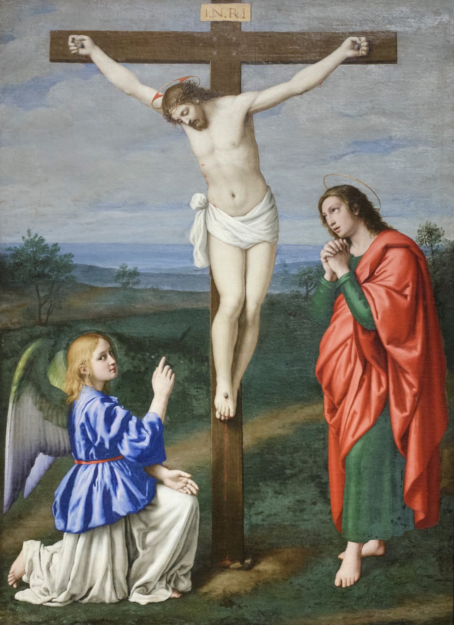 Cristo Crucificado entre um Anjo e São João Evangelista, c.1640 (óleo sobre tela) de Il (1609 85) Sassoferrato