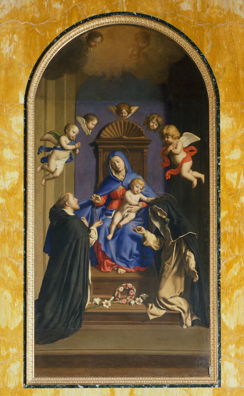 Nossa Senhora do Rosário com São Domingos e Santa Catarina, Capela de Santa Catarina, Basílica de Santa Sabina, Roma, Itália de Il  Sassoferrato