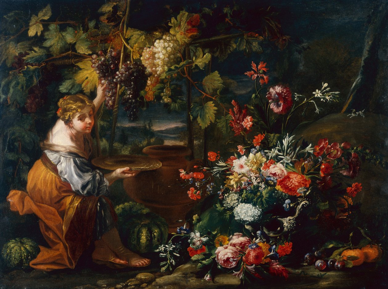 Rapariga Colhendo Uvas (óleo sobre tela) de Il and Brueghel Abraham Borgognone