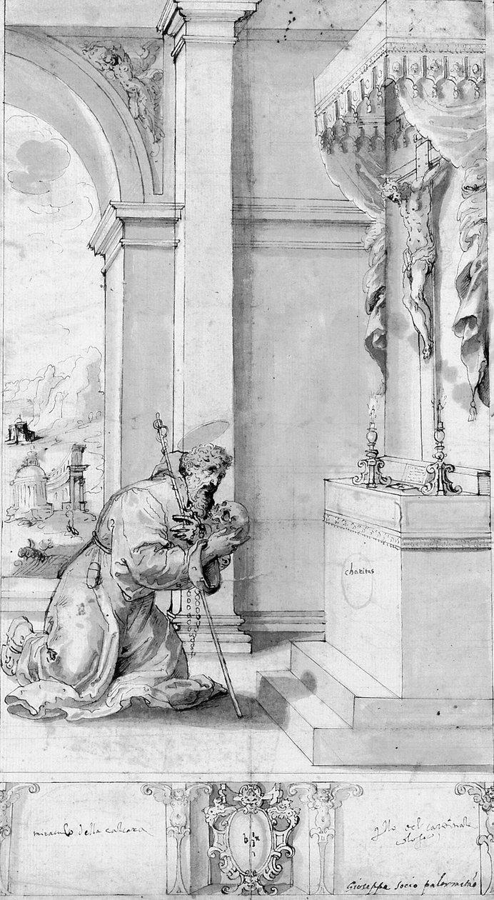 Um santo ajoelhado diante de um altar com um crucifixo: desenho para um estandarte processional (giz, caneta e tinta e aguada no papel) de Il (c.1550 1611) Sozzo