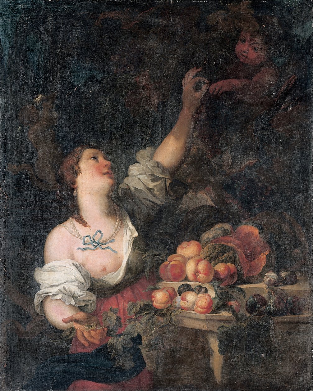 Uma mulher colhendo uvas e um putto por um pedestal clássico adornado com frutas de Il Borgognone