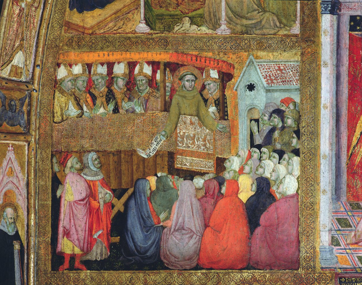 São Francisco Promulga a Indulgência, acompanhado pelos Bispos da Úmbria, afresco da Porciúncula, 1393 de Ilario da Viterbo