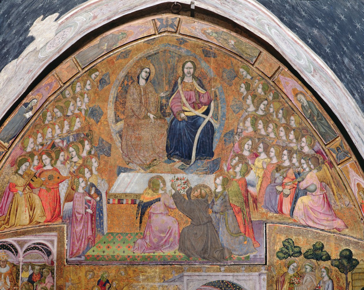 São Francisco oferecendo rosas para a aparição de Cristo e da Virgem, afresco da Porziuncola, 1393 de Ilario da Viterbo