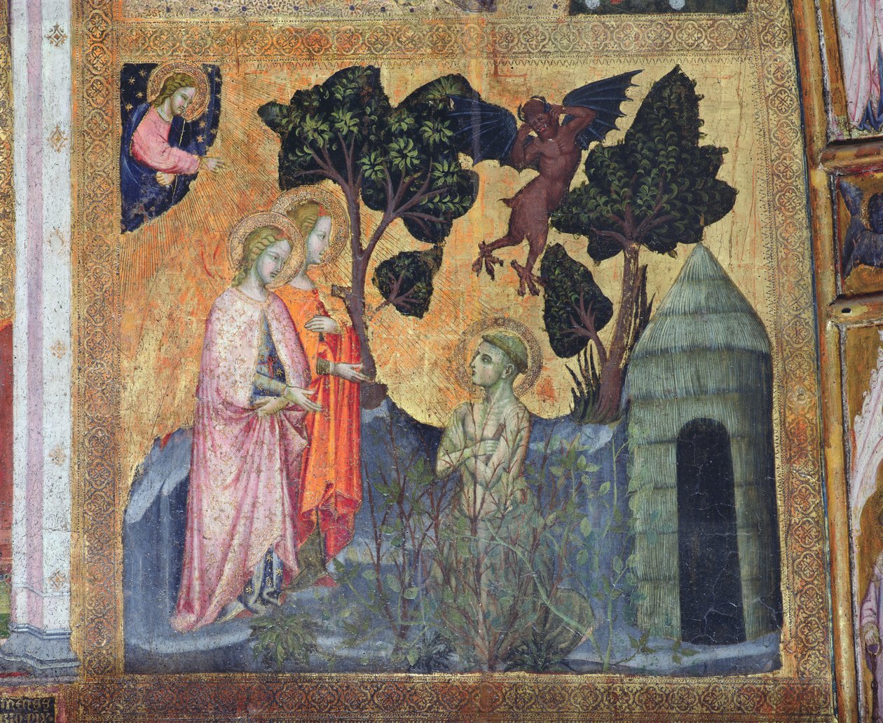 São Francisco se joga nas sarças espinhosas, afresco da Porciúncula, 1393 de Ilario da Viterbo
