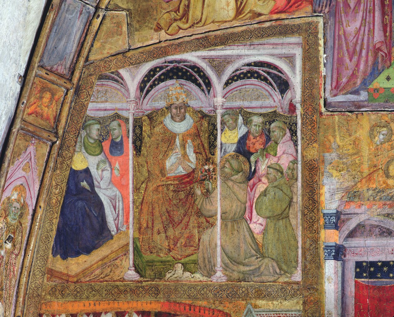 São Francisco, implorando o Papa Honório III pela Confirmação da Indulgência, afresco da Porciúncula, 1393 de Ilario da Viterbo