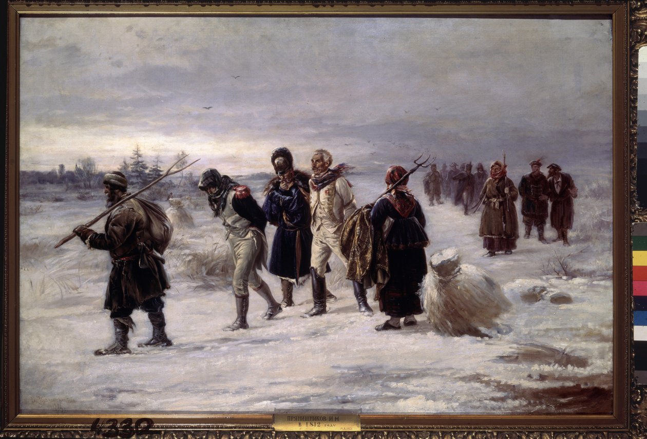 Em 1812. (Prisioneiros capturados da Grande Armée de Napoleão caminham na neve, exaustos, escoltados por camponeses russos). Pintura de Illarion Mikhailovich Pryanishnikov (1840-1894), óleo sobre tela de Illarion Mikhailovich Pryanishnikov