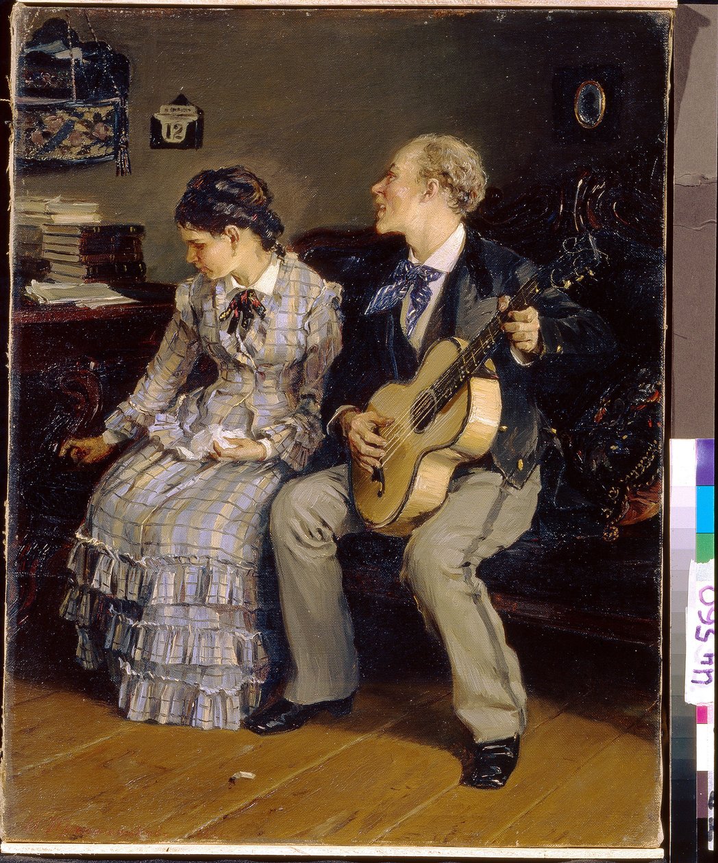 Romance sem escrúpulos. (Romance sem escrúpulos). Pintura por Ilarion Mikhailovich Pryanishnikov (1840-1894), óleo sobre tela de Illarion Mikhailovich Pryanishnikov