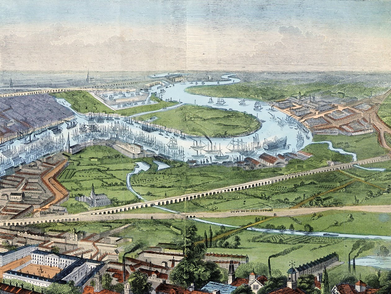 impressão; gravura colorida - panorama de Londres e do Rio Tamisa de Illustrated London News