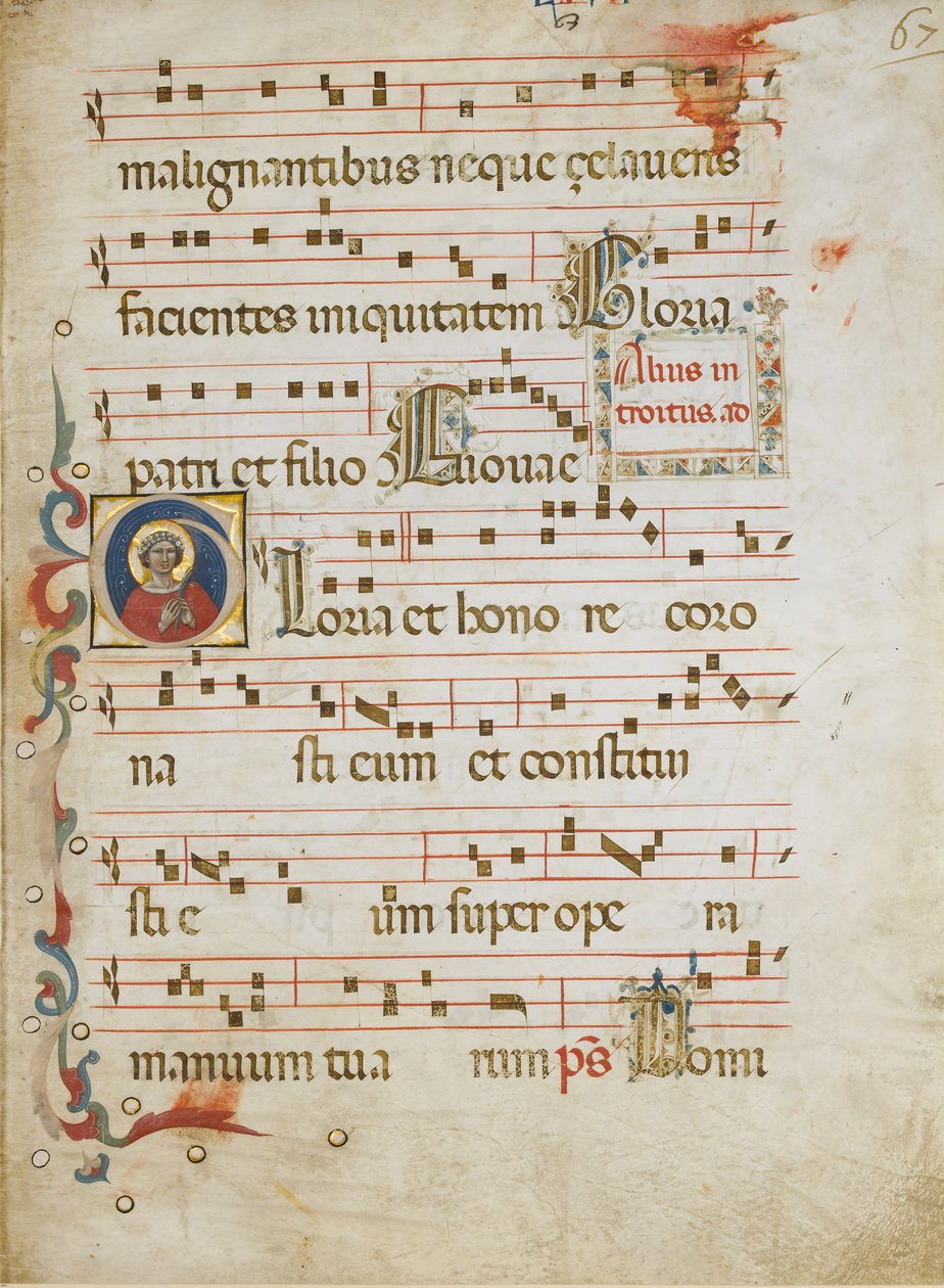 Folha Manuscrito com uma santa possivelmente Dorothy em uma inicial G..., ca. 1330-40. de Illustratore