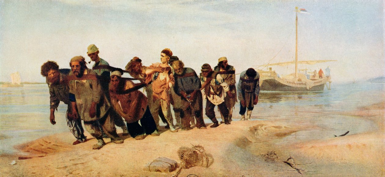 Condenados puxando um barco ao longo do rio Volga, Rússia, 1873 de Ilya Efimovich Repin
